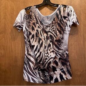 Cache Brown and Black Animal Print Short Sleeve Top